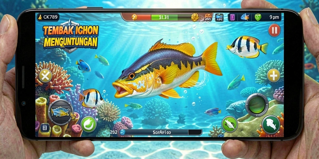 Screenshot gameplay CK789 menampilkan aksi seru dalam menembak ikan.
