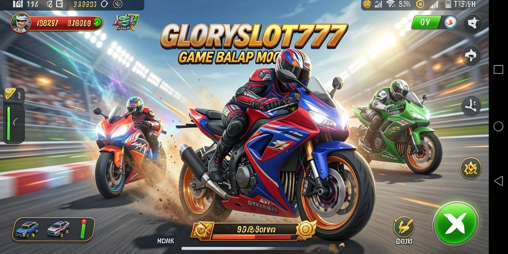 Screenshot dari gameplay menegangkan dalam GLORYSLOT777, menampilkan balapan motor yang seru.