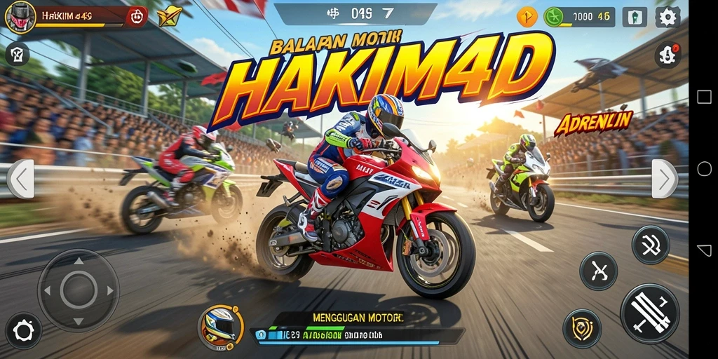 Tampilan gameplay HAKIM4D yang penuh aksi saat balapan motor.