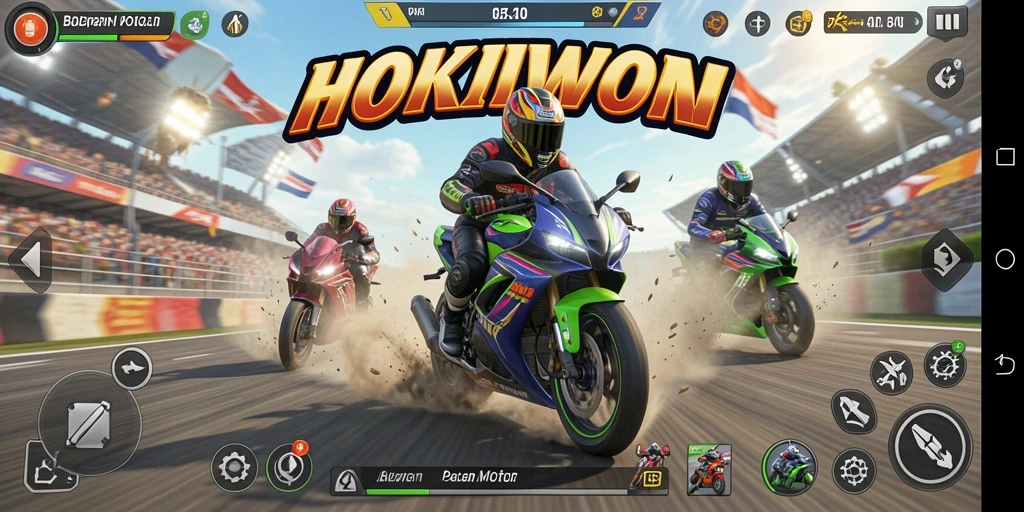 Screenshot menampilkan balapan motor yang mendebarkan di HOKIWON.