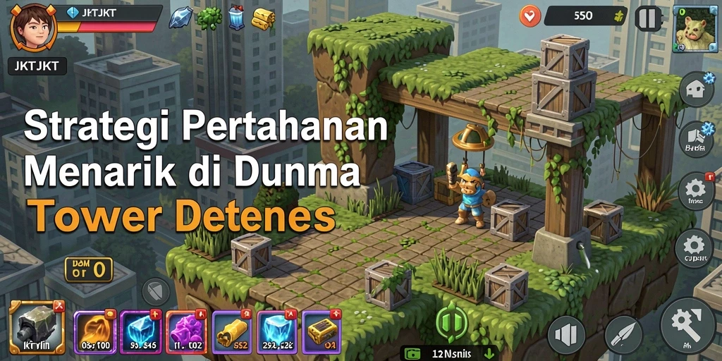 Tangkapan layar gameplay JKTJKT dalam pertempuran Tower Defense intens.