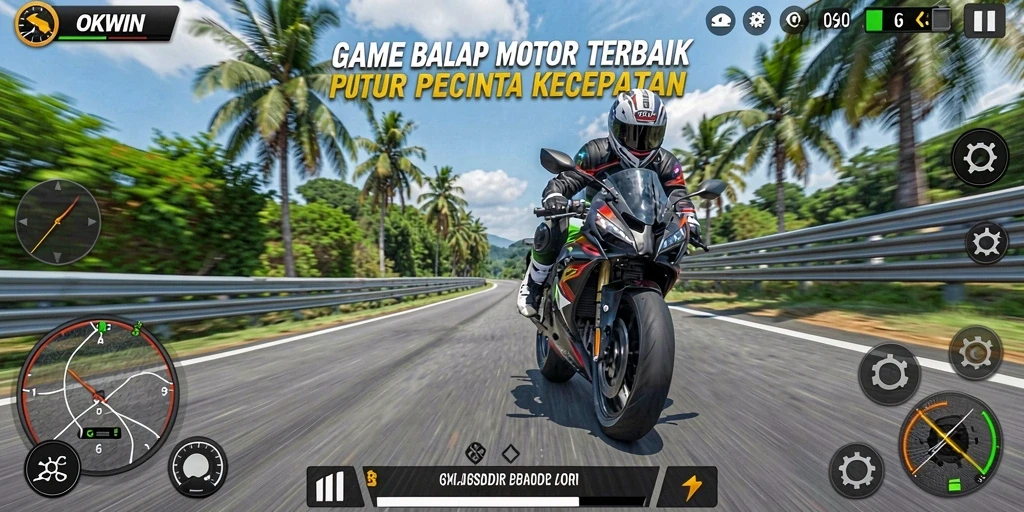 Tampilan gameplay seru OKWIN dengan balapan motor yang mendebarkan.
