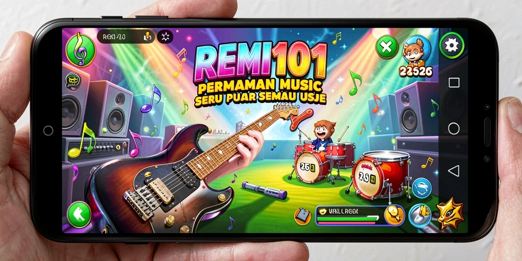 Screenshot REMI101 menampilkan pemain asyik menciptakan musik dengan alat musik virtual.