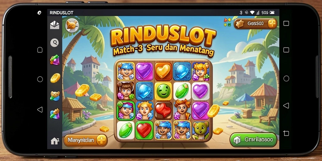 Tangkapan layar RINDUSLOT menampilkan aksi gameplay Match-3 yang seru.
