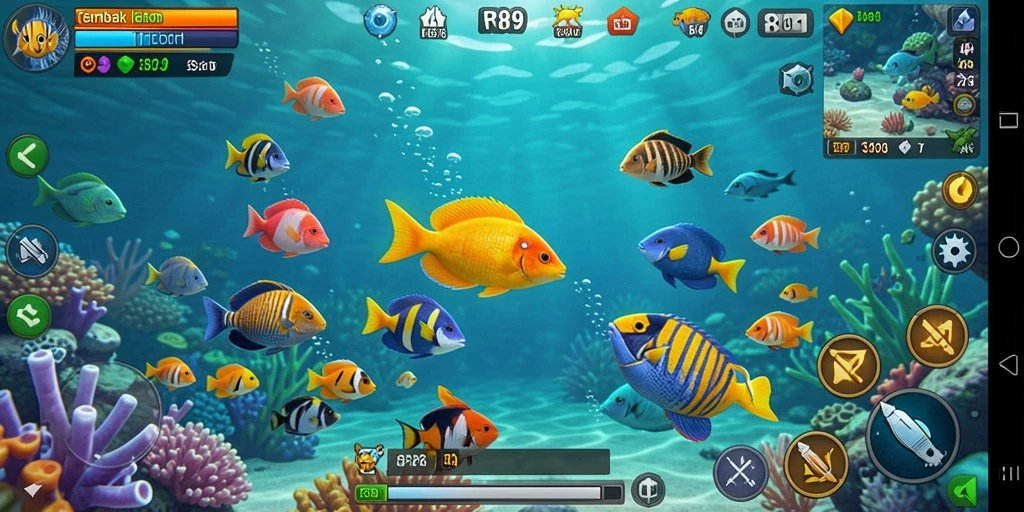Gameplay RR89 menampilkan aksi seru Tembak Ikan yang penuh warna.