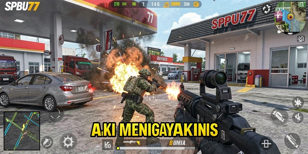 Screenshot utama SPBU77 menampilkan aksi menegangkan dalam pertempuran FPS.