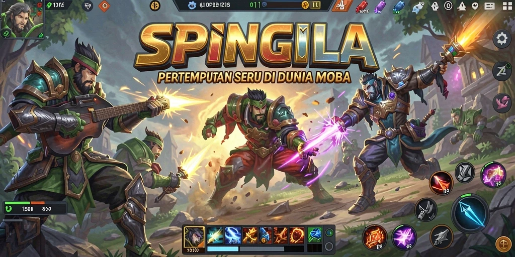 Screenshot gameplay SPINGILA menampilkan pertempuran seru di arena MOBA.